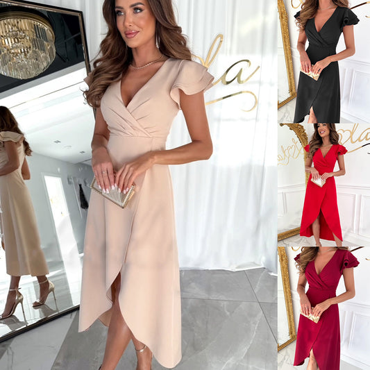 Solid Color And V-neck Waist-tight Ruffle Sleeve Irregular Dress