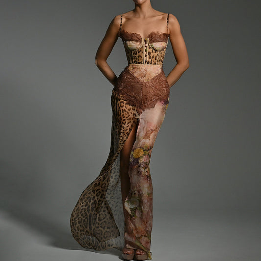 Sexy Women's Spaghetti-strap Floral Print Patchwork Long Dress